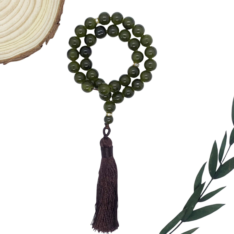 Tasbih narukvica s 33 staklenih perli koje oponašaju jade, etnički stil, unisex, ručna izrada, s resicama