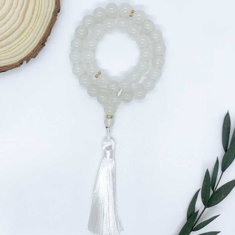 Tasbih narukvica s 33 staklenih perli koje oponašaju jade, etnički stil, unisex, ručna izrada, s resicama
