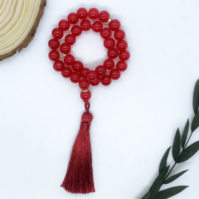 Tasbih narukvica s 33 staklenih perli koje oponašaju jade, etnički stil, unisex, ručna izrada, s resicama
