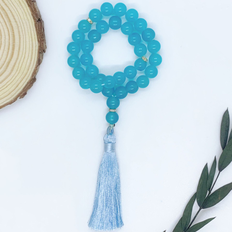 Tasbih narukvica s 33 staklenih perli koje oponašaju jade, etnički stil, unisex, ručna izrada, s resicama