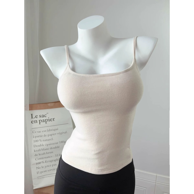 Ženski tank top s ugrađenim jastučićima za prsa, dvostruke naramenice, slim fit, visokoza, japansko-korejski opušten stil (ljeto 2025)