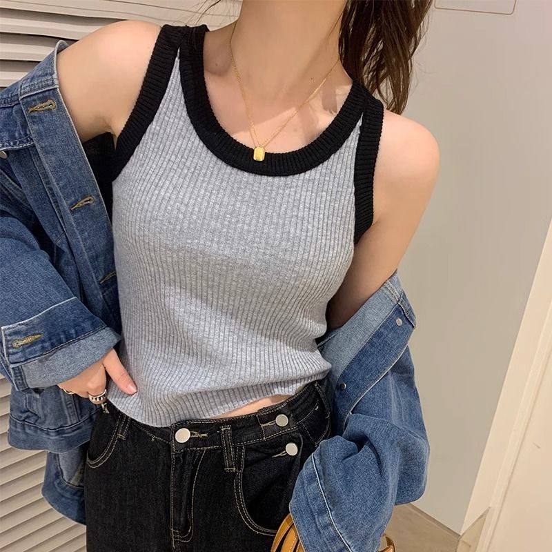 Γυναικείο πλεκτό τοπ χωρίς μανίκια - Σλιμ φιτ, Ριγέ σχέδιο, Πολυεστέρας, Λεπτές τιράντες, Για βασικό layering, Άνοιξη 2025