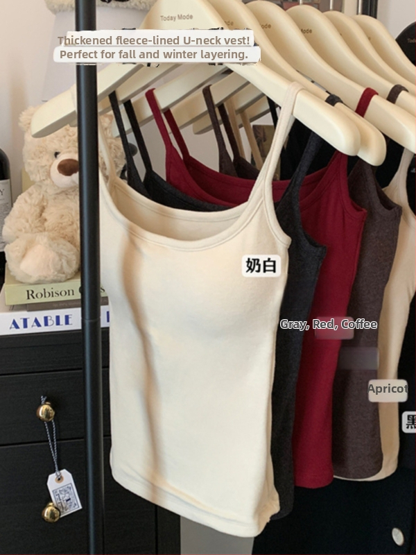 Ženski bez rukava top s U izrezom, fleece podstava, uska silueta, Derong materijal, jesen 2024