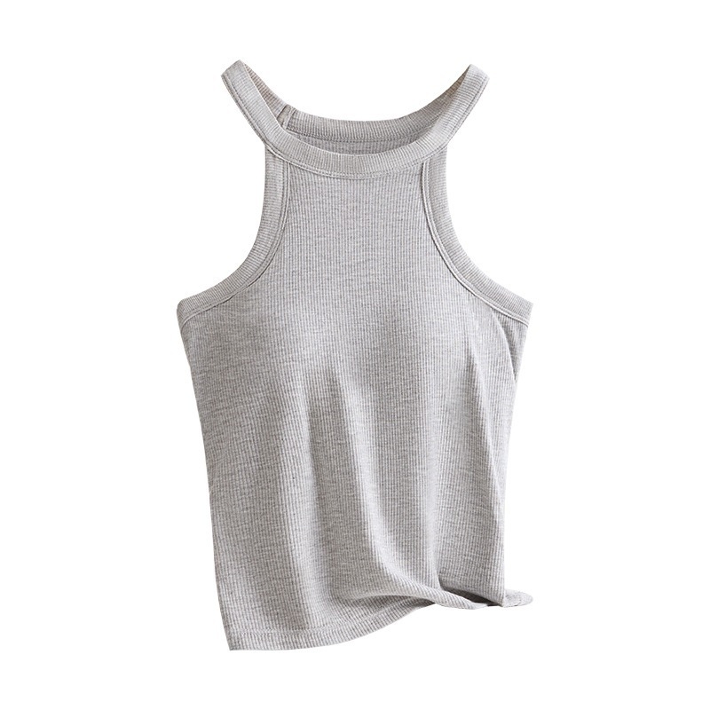 Halter top s ugrađenim pamukastim jastučićima; materijal: viskoza (95–100% viskoze); debljina tkanine: umjerena (181–200 g/m²); izrez: kružni; stil: halter, svestran