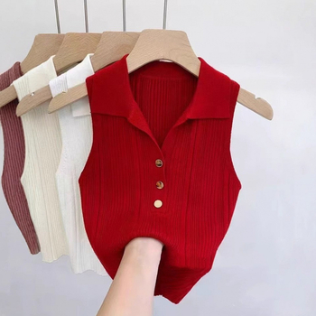 Τοπ χωρίς μανίκια με γιακά, κορεακού στυλ, στενή γραμμή, κοντό μήκος 40–50 cm, 3D μοτίβο, βελούδινο πλεκτό ύφασμα με ελαστάν 50–70% και πολυεστέρα 30–50%