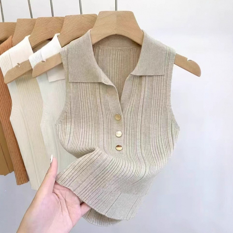 Τοπ χωρίς μανίκια με γιακά, κορεακού στυλ, στενή γραμμή, κοντό μήκος 40–50 cm, 3D μοτίβο, βελούδινο πλεκτό ύφασμα με ελαστάν 50–70% και πολυεστέρα 30–50%