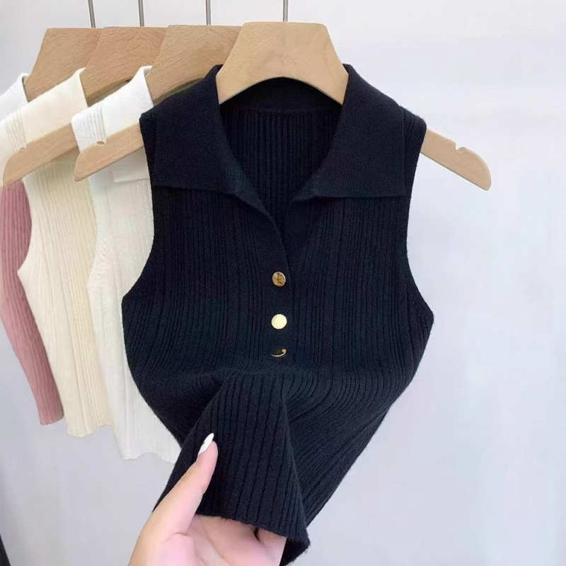 Τοπ χωρίς μανίκια με γιακά, κορεακού στυλ, στενή γραμμή, κοντό μήκος 40–50 cm, 3D μοτίβο, βελούδινο πλεκτό ύφασμα με ελαστάν 50–70% και πολυεστέρα 30–50%