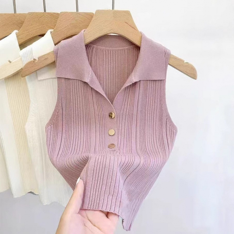 Τοπ χωρίς μανίκια με γιακά, κορεακού στυλ, στενή γραμμή, κοντό μήκος 40–50 cm, 3D μοτίβο, βελούδινο πλεκτό ύφασμα με ελαστάν 50–70% και πολυεστέρα 30–50%