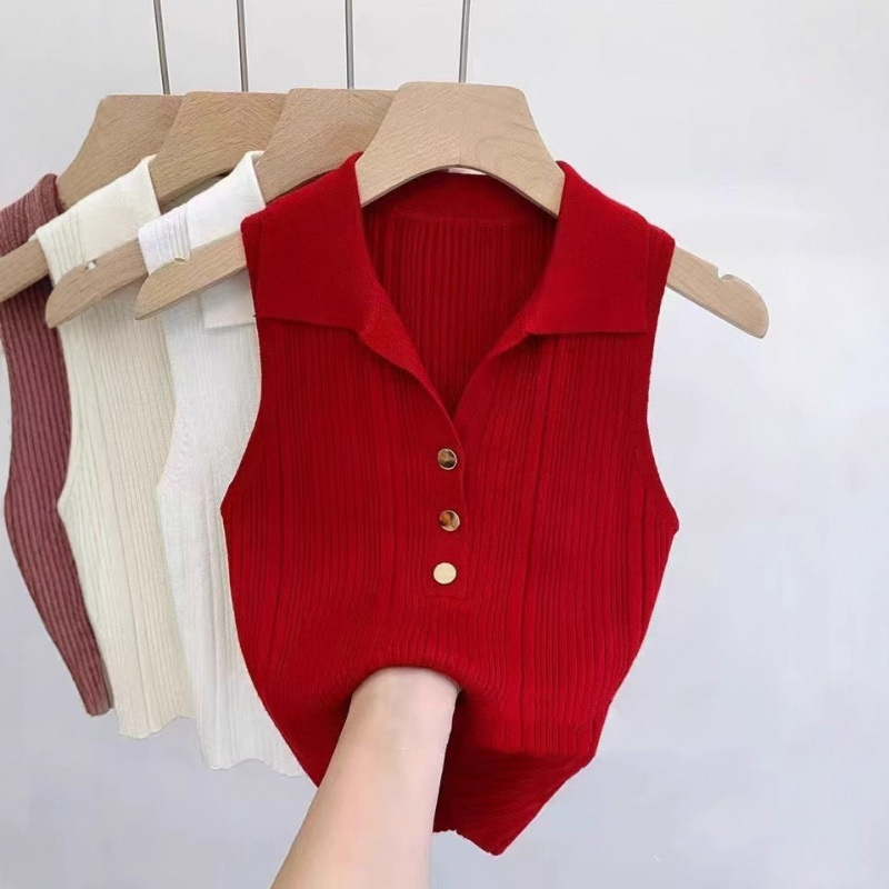 Τοπ χωρίς μανίκια με γιακά, κορεακού στυλ, στενή γραμμή, κοντό μήκος 40–50 cm, 3D μοτίβο, βελούδινο πλεκτό ύφασμα με ελαστάν 50–70% και πολυεστέρα 30–50%