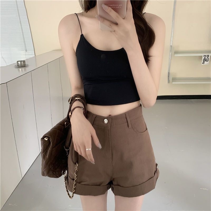 Najlon camisol s bezšivnom stražnjom stranom i ugrađenim jastučićima za grudi, okrugli izrez, minimalistički stil