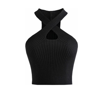 Pleteno halter top s križnim izrezom, kratka duljina, uski kroj