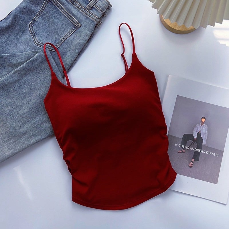 Pamut Spagetti pántos top beépített melltartó betéttel, rétegezéshez vagy önálló viseléshez, vékony anyag 101–120 g/m², kerek nyak