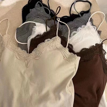 Ženski kamizol s čipkastim panelom i ugrađenom jednom čašom bazom, pamuk, V-izrez, vest stil, sve sezone