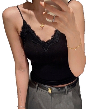 Ženski kamizol s čipkastim panelom i ugrađenom jednom čašom bazom, pamuk, V-izrez, vest stil, sve sezone