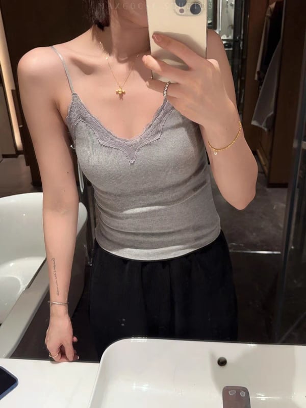 Ženski kamizol s čipkastim panelom i ugrađenom jednom čašom bazom, pamuk, V-izrez, vest stil, sve sezone