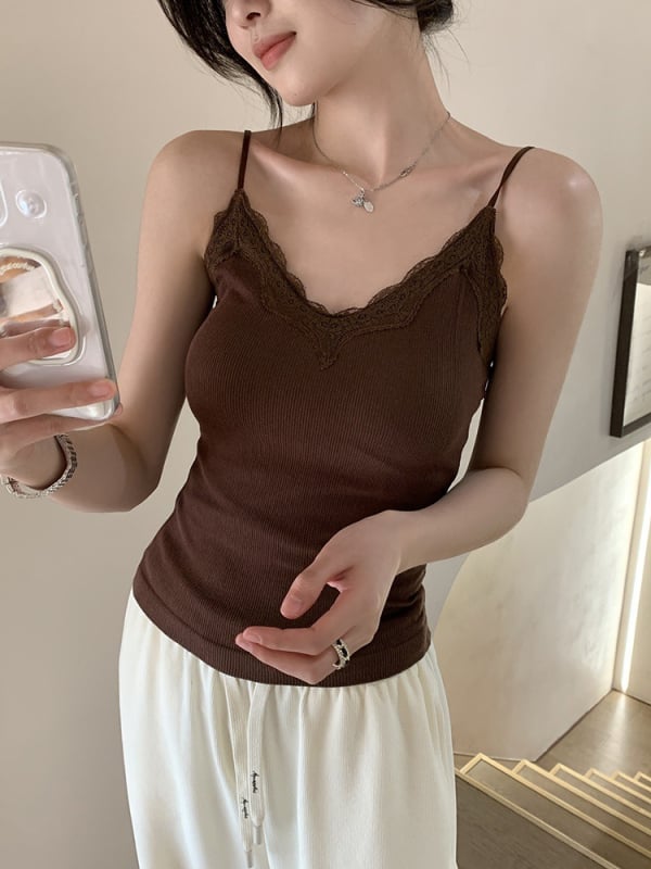 Ženski kamizol s čipkastim panelom i ugrađenom jednom čašom bazom, pamuk, V-izrez, vest stil, sve sezone