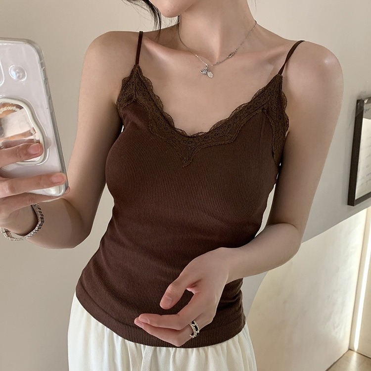 Ženski kamizol s čipkastim panelom i ugrađenom jednom čašom bazom, pamuk, V-izrez, vest stil, sve sezone