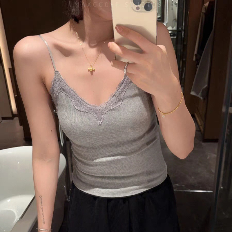 Ženski kamizol s čipkastim panelom i ugrađenom jednom čašom bazom, pamuk, V-izrez, vest stil, sve sezone