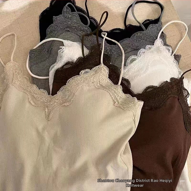 Ženski kamizol s čipkastim panelom i ugrađenom jednom čašom bazom, pamuk, V-izrez, vest stil, sve sezone