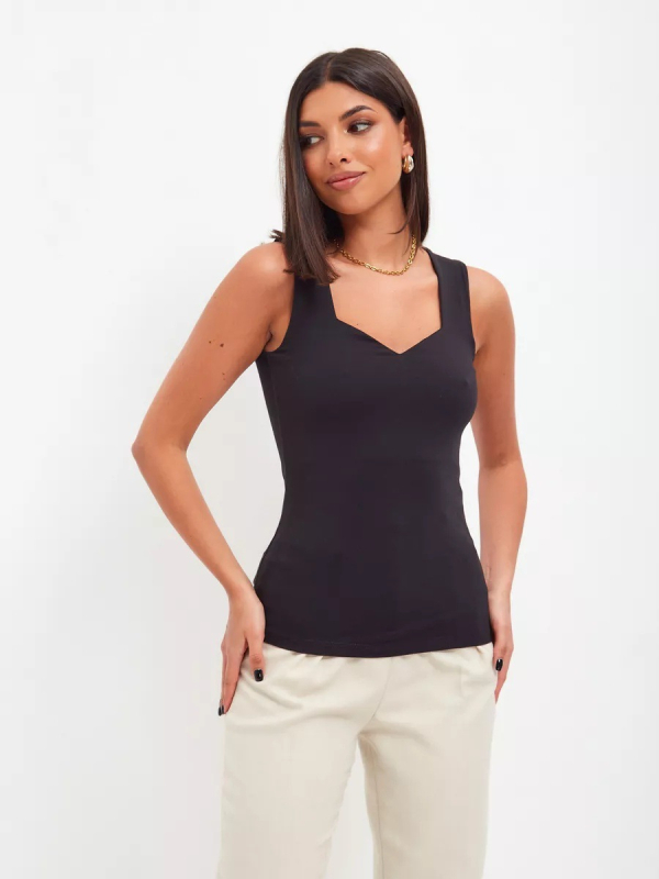 Ženski top bez rukava s V izrezom - Slim fit, poliester 95%+, jednobojni uzorak, fiksne naramenice