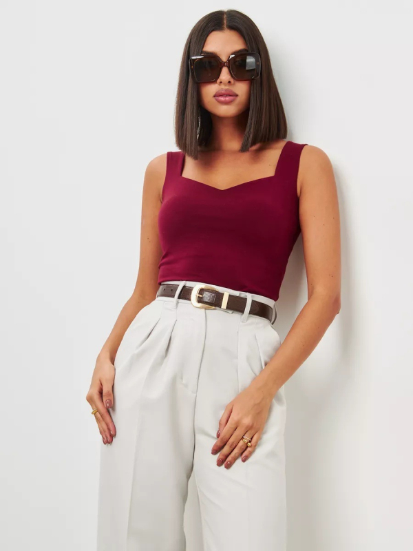 Ženski top bez rukava s V izrezom - Slim fit, poliester 95%+, jednobojni uzorak, fiksne naramenice