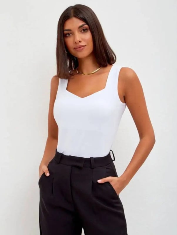 Ženski top bez rukava s V izrezom - Slim fit, poliester 95%+, jednobojni uzorak, fiksne naramenice