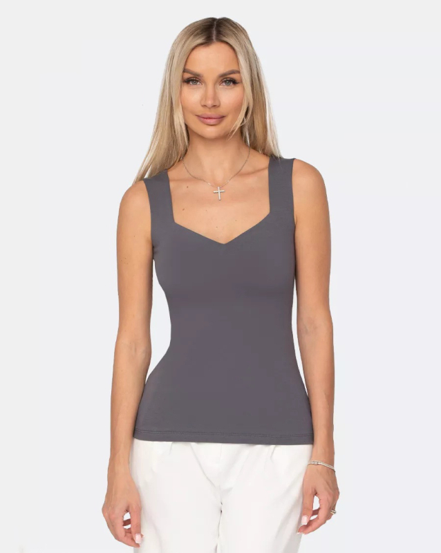Ženski top bez rukava s V izrezom - Slim fit, poliester 95%+, jednobojni uzorak, fiksne naramenice