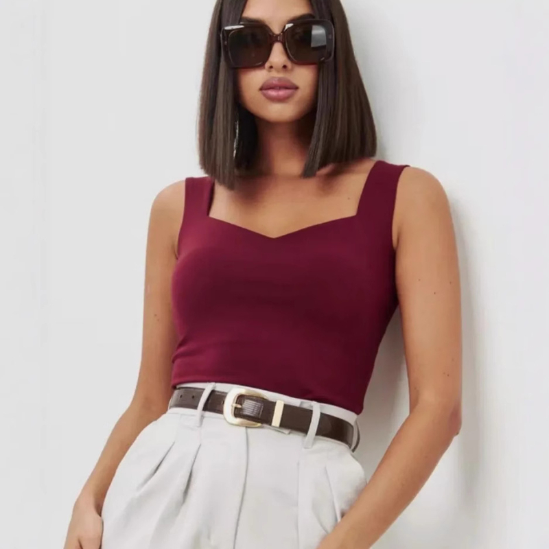 Ženski top bez rukava s V izrezom - Slim fit, poliester 95%+, jednobojni uzorak, fiksne naramenice