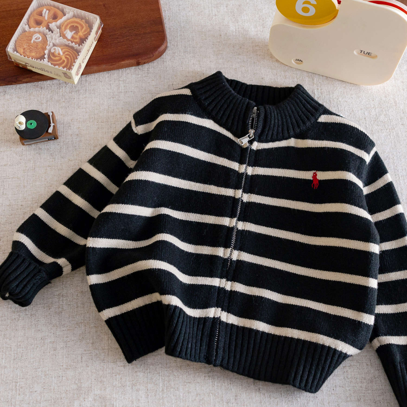Dječji prugasti kardigan sa zipom, dugi rukavi, okrugli vrat — 95% pamuk