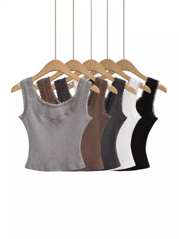 Ženski top bez rukava s niskim izrezom i čipkom te mašnicom, Slim-fit, pamukasto-mješavina (90–95% pamuk, elastan <30%)