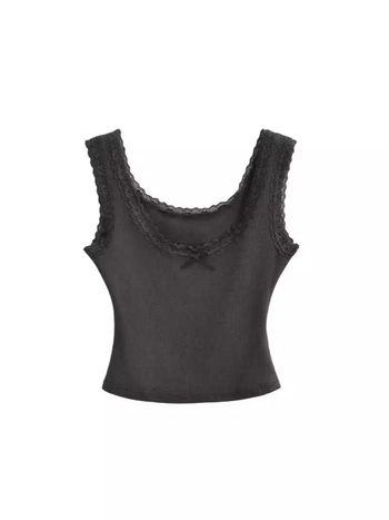 Ženski top bez rukava s niskim izrezom i čipkom te mašnicom, Slim-fit, pamukasto-mješavina (90–95% pamuk, elastan <30%)