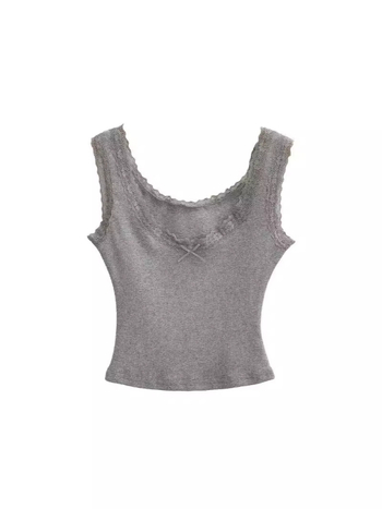 Ženski top bez rukava s niskim izrezom i čipkom te mašnicom, Slim-fit, pamukasto-mješavina (90–95% pamuk, elastan <30%)