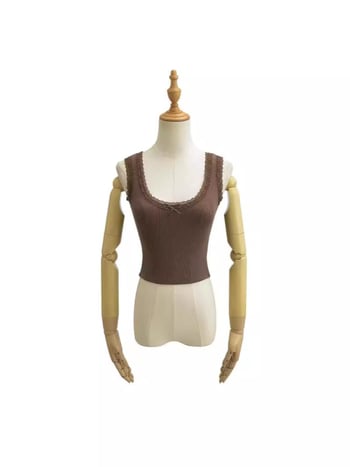 Ženski top bez rukava s niskim izrezom i čipkom te mašnicom, Slim-fit, pamukasto-mješavina (90–95% pamuk, elastan <30%)