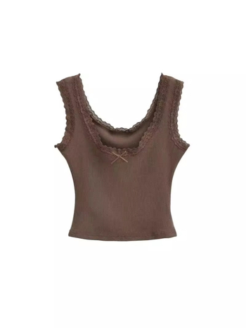 Ženski top bez rukava s niskim izrezom i čipkom te mašnicom, Slim-fit, pamukasto-mješavina (90–95% pamuk, elastan <30%)