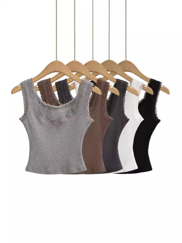 Ženski top bez rukava s niskim izrezom i čipkom te mašnicom, Slim-fit, pamukasto-mješavina (90–95% pamuk, elastan <30%)