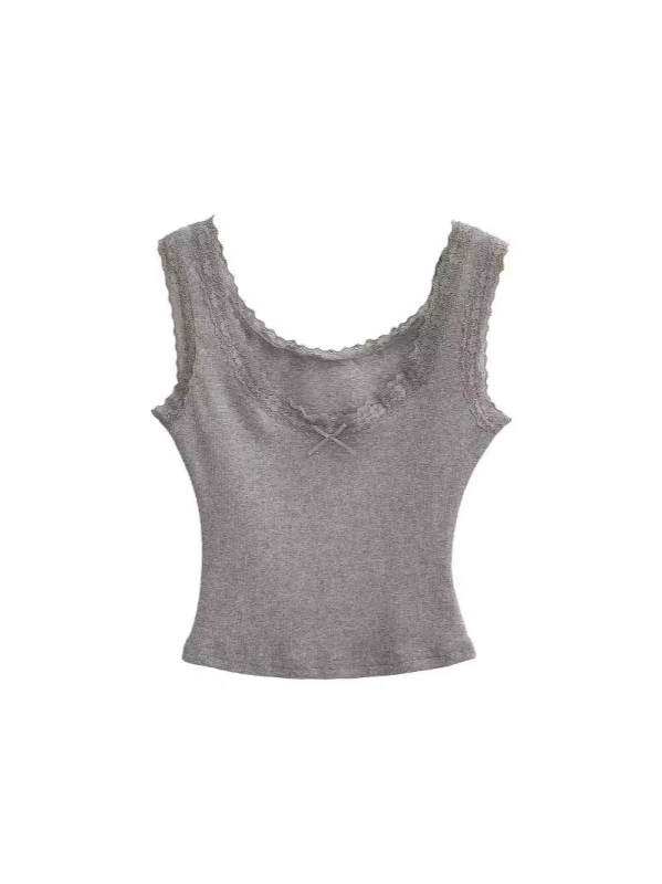 Ženski top bez rukava s niskim izrezom i čipkom te mašnicom, Slim-fit, pamukasto-mješavina (90–95% pamuk, elastan <30%)