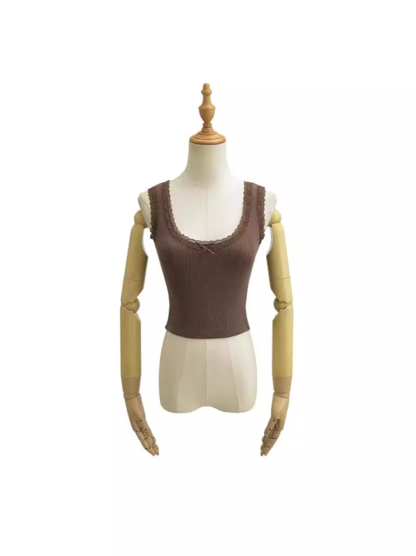 Ženski top bez rukava s niskim izrezom i čipkom te mašnicom, Slim-fit, pamukasto-mješavina (90–95% pamuk, elastan <30%)