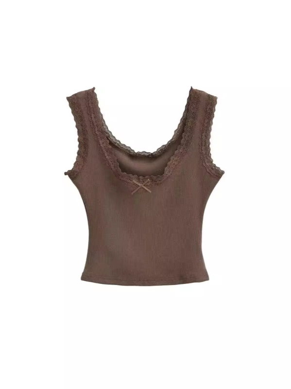 Ženski top bez rukava s niskim izrezom i čipkom te mašnicom, Slim-fit, pamukasto-mješavina (90–95% pamuk, elastan <30%)