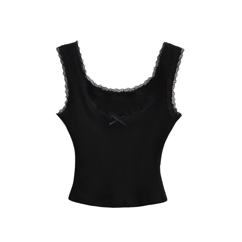 Ženski top bez rukava s niskim izrezom i čipkom te mašnicom, Slim-fit, pamukasto-mješavina (90–95% pamuk, elastan <30%)