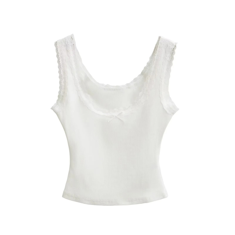 Ženski top bez rukava s niskim izrezom i čipkom te mašnicom, Slim-fit, pamukasto-mješavina (90–95% pamuk, elastan <30%)