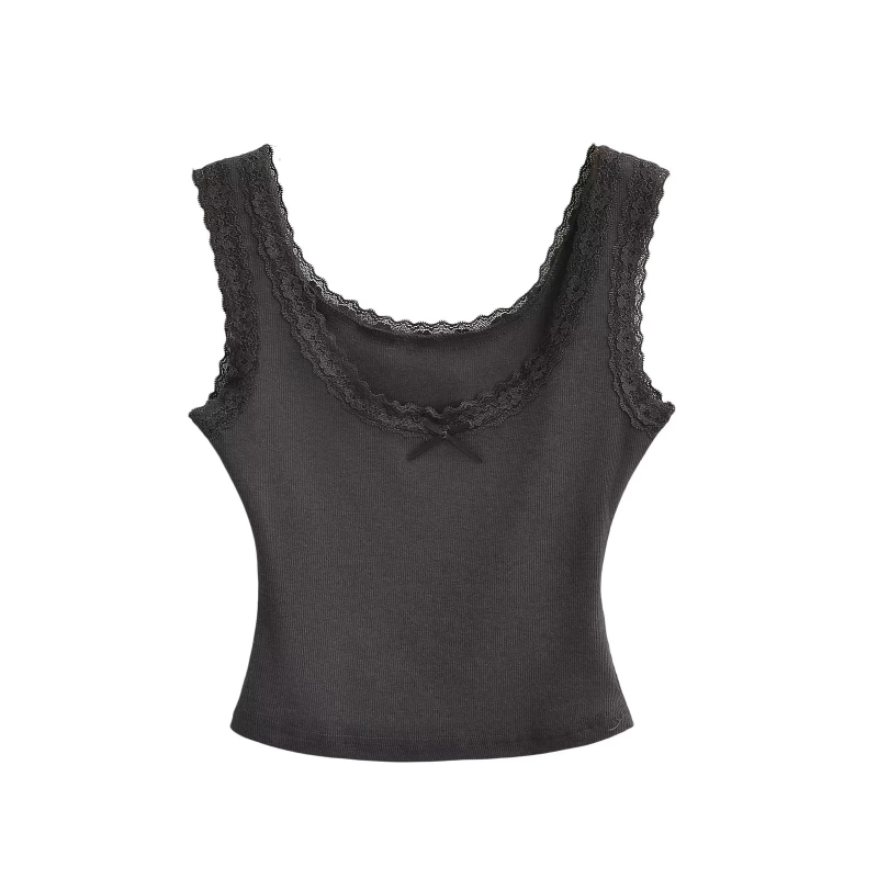 Ženski top bez rukava s niskim izrezom i čipkom te mašnicom, Slim-fit, pamukasto-mješavina (90–95% pamuk, elastan <30%)
