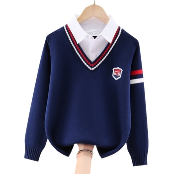 Момчешки памучен трикотажен пуловер, подплатен с флис, удебелен, дълги ръкави