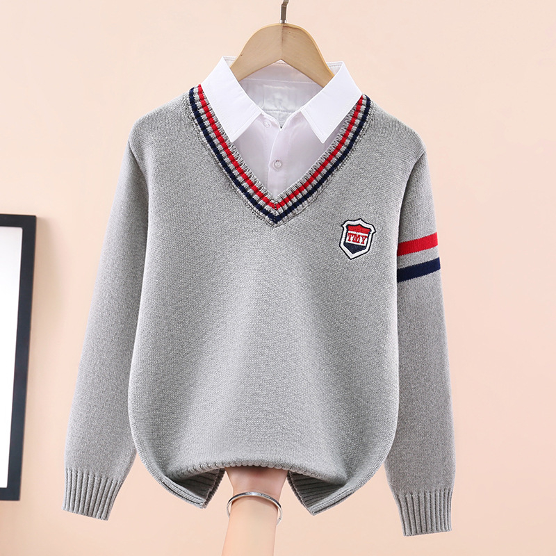 Момчешки памучен трикотажен пуловер, подплатен с флис, удебелен, дълги ръкави