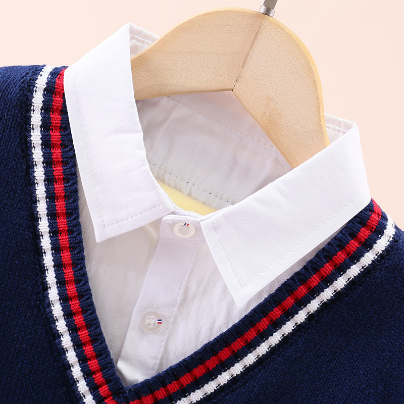 Момчешки памучен трикотажен пуловер, подплатен с флис, удебелен, дълги ръкави