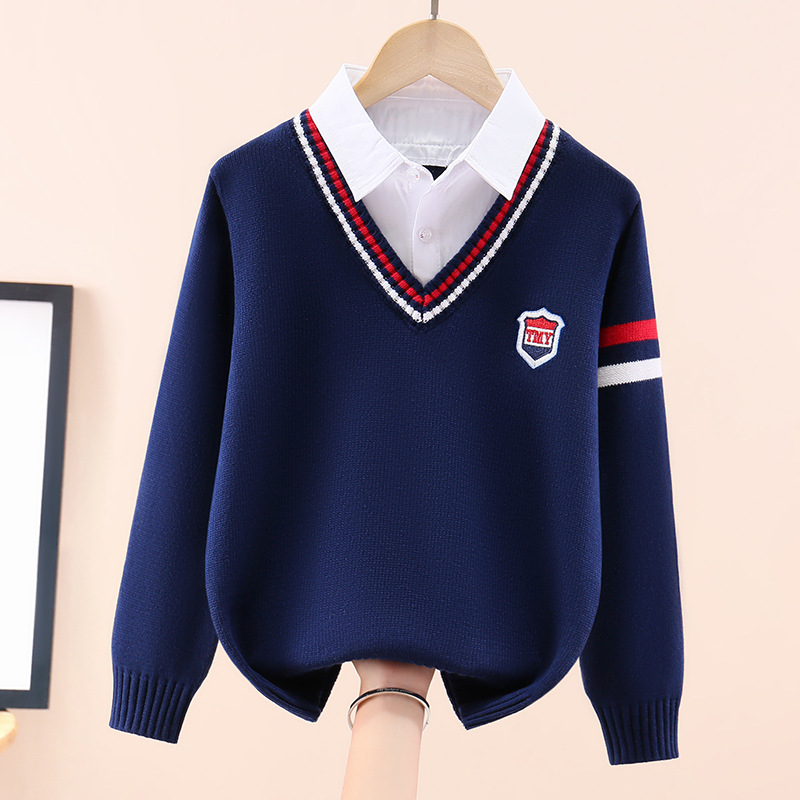 Момчешки памучен трикотажен пуловер, подплатен с флис, удебелен, дълги ръкави