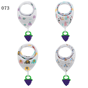 Baby drool bib with hanging silicone teether, pure cotton (>95%), for ages 0–3, waterproof and dirtproof, multiple patterns