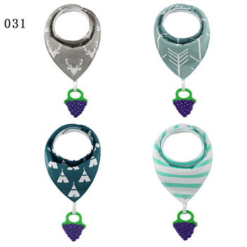 Baby drool bib with hanging silicone teether, pure cotton (>95%), for ages 0–3, waterproof and dirtproof, multiple patterns