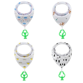 Baby drool bib with hanging silicone teether, pure cotton (>95%), for ages 0–3, waterproof and dirtproof, multiple patterns