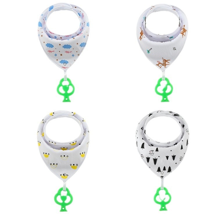 Baby drool bib with hanging silicone teether, pure cotton (>95%), for ages 0–3, waterproof and dirtproof, multiple patterns