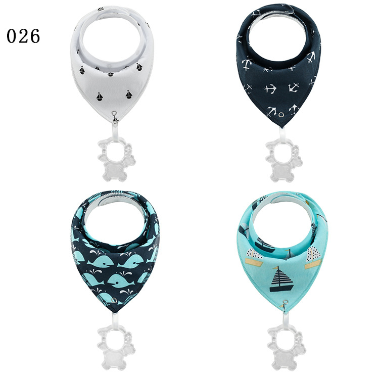 Baby drool bib with hanging silicone teether, pure cotton (>95%), for ages 0–3, waterproof and dirtproof, multiple patterns